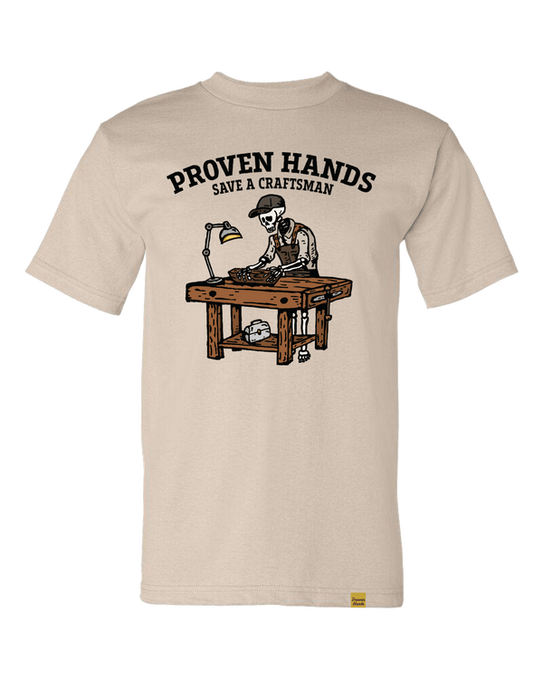Proven Hands 100% Made in USA Cotton Tee Shirt White. "Save a Craftsman" Design