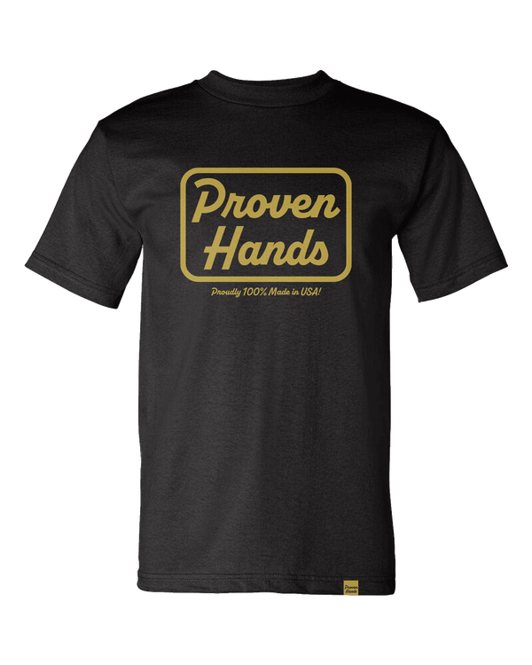 Proven Hands 100% Made in USA Cotton Tee Shirt Black. "Patch Logo" Design. Everyday Wear.