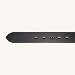 Close-up of the end of a black leather belt with five evenly spaced holes on a plain light background.