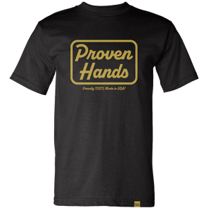 Proven Hands 100% Made in USA Cotton Tee Shirt Black. "Patch Logo" Design. Everyday Wear.