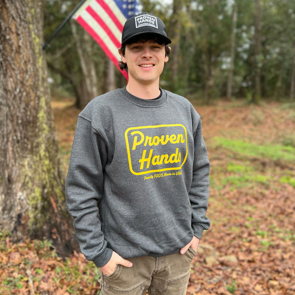 Owner Dylan Wearing a Proven Hands 100% Made in USA Sweatshirt